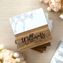 Load image into Gallery viewer, Personalized Acacia and Marble Coaster Set