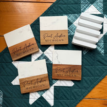 Load image into Gallery viewer, Port Austin and Turnip Rock Marble and Acacia Coaster Set